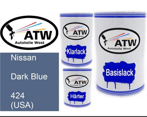 Nissan, Dark Blue, 424 (USA): 500ml Lackdose + 500ml Klarlack + 250ml Härter - Set, von ATW Autoteile West.